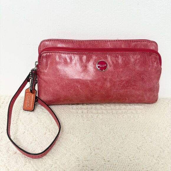 Coach Large Leather Wristlet Coral Red Double Zip Clutch Distressed - Picture 2 of 8